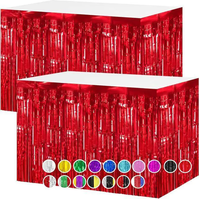 Main image of timecity 2 Packs Red Table Skirts Metallic Foil Fringe Table Skirt Streamer Backdrop for Valention Day Birthday Wedding Engagement Bachelorette Christmas Celebration Party Decorations, 29.5x108 Inch