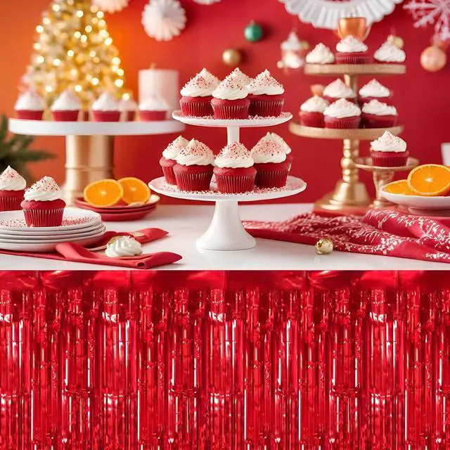 Alt view image 5 of 6 - timecity 2 Packs Red Table Skirts Metallic Foil Fringe Table Skirt Streamer Backdrop for Valention Day Birthday Wedding Engagement Bachelorette Christmas Celebration Party Decorations, 29.5x108 Inch