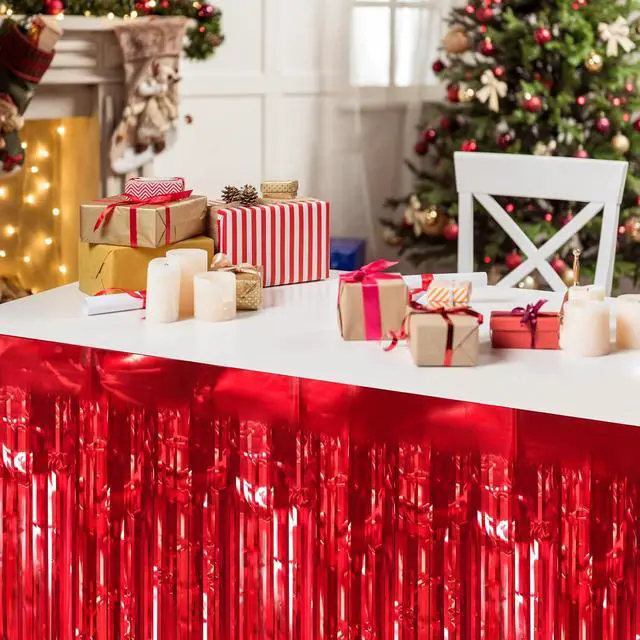 Alt view image 6 of 6 - timecity 2 Packs Red Table Skirts Metallic Foil Fringe Table Skirt Streamer Backdrop for Valention Day Birthday Wedding Engagement Bachelorette Christmas Celebration Party Decorations, 29.5x108 Inch