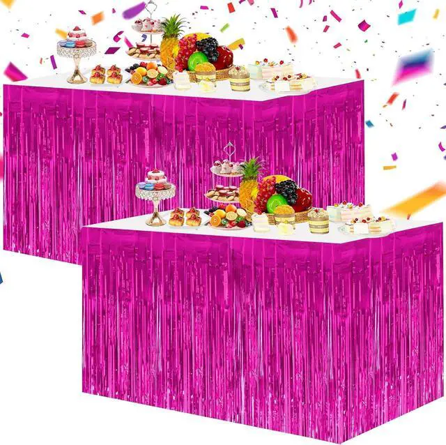 Main image of BEISHIDA 2 Pack Metallic Tinsel Foil Fringe Table Skirts for Rectangle & Round Tables Hot Pink Kids' Birthday, Holiday Cartoon Party Decorations for Birthday Valentines Baby Shower Festive Events