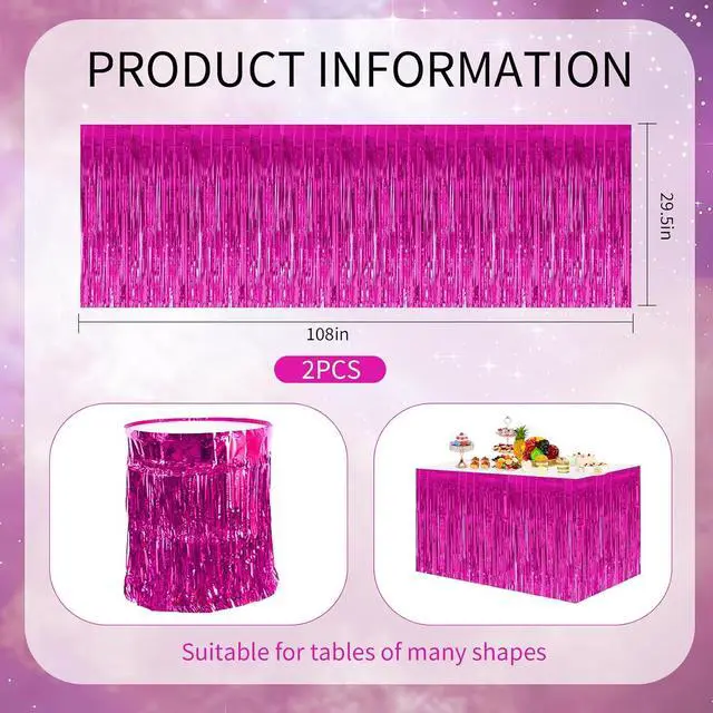 Alt view image 2 of 6 - BEISHIDA 2 Pack Metallic Tinsel Foil Fringe Table Skirts for Rectangle & Round Tables Hot Pink Kids' Birthday, Holiday Cartoon Party Decorations for Birthday Valentines Baby Shower Festive Events