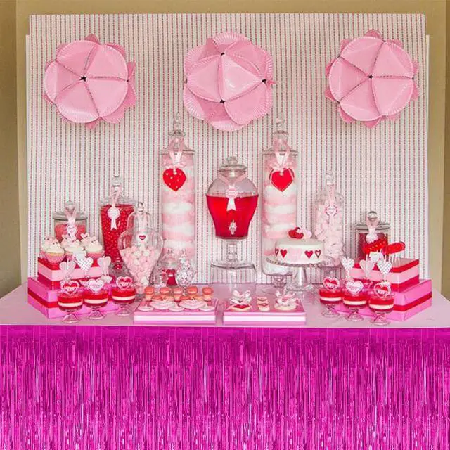 Alt view image 6 of 6 - BEISHIDA 2 Pack Metallic Tinsel Foil Fringe Table Skirts for Rectangle & Round Tables Hot Pink Kids' Birthday, Holiday Cartoon Party Decorations for Birthday Valentines Baby Shower Festive Events