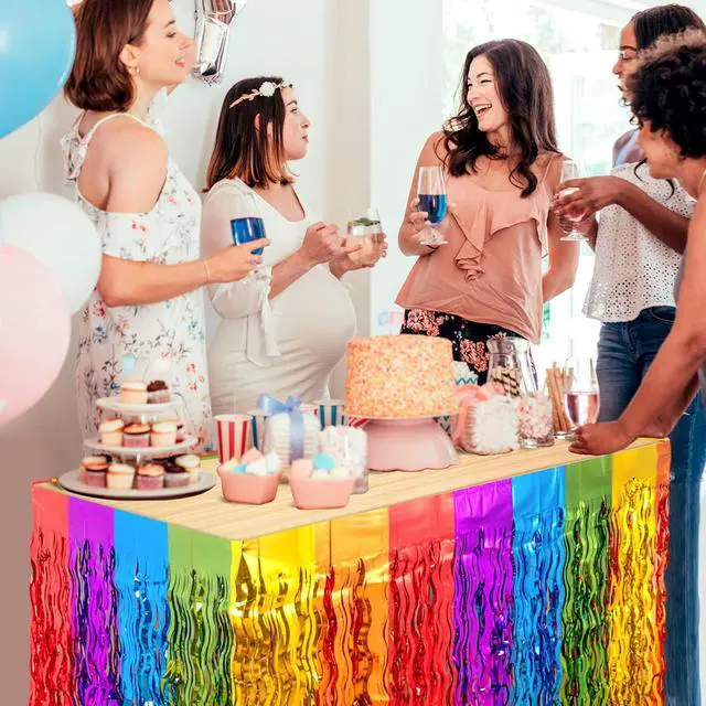Alt view image 4 of 7 - 2 Pack Wavy Rainbow Table Skirts, Metallic Tinsel Foil Fringe | Rainbow Party Decorations, Birthday Wedding Party Supplies