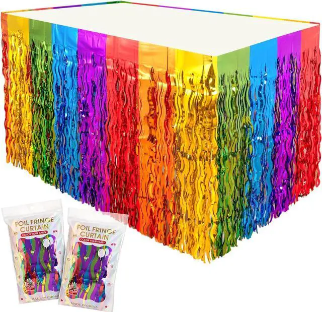 Main image of 2 Pack Wavy Rainbow Table Skirts, Metallic Tinsel Foil Fringe | Rainbow Party Decorations, Birthday Wedding Party Supplies