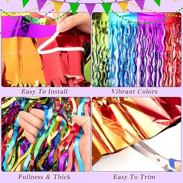 Alt view image 3 of 7 - 2 Pack Wavy Rainbow Table Skirts, Metallic Tinsel Foil Fringe | Rainbow Party Decorations, Birthday Wedding Party Supplies