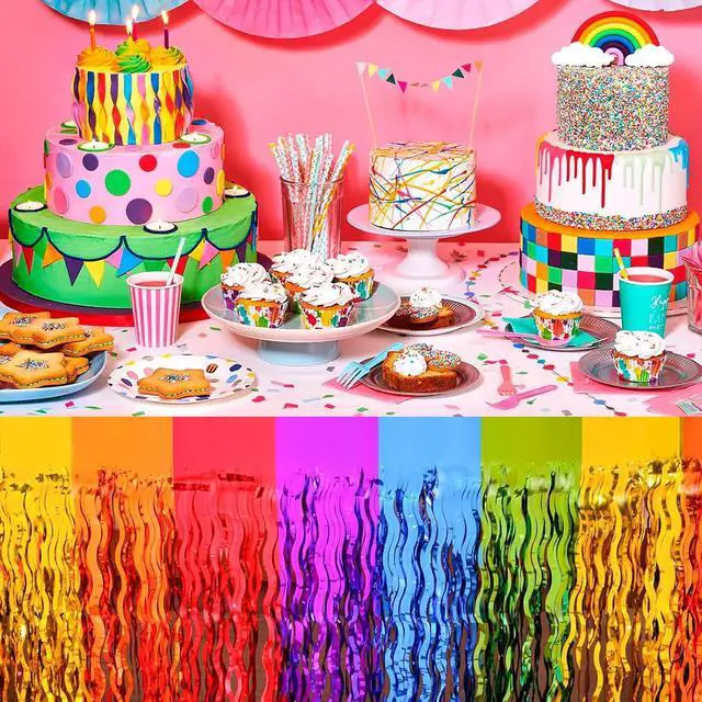 Alt view image 2 of 7 - 2 Pack Wavy Rainbow Table Skirts, Metallic Tinsel Foil Fringe | Rainbow Party Decorations, Birthday Wedding Party Supplies
