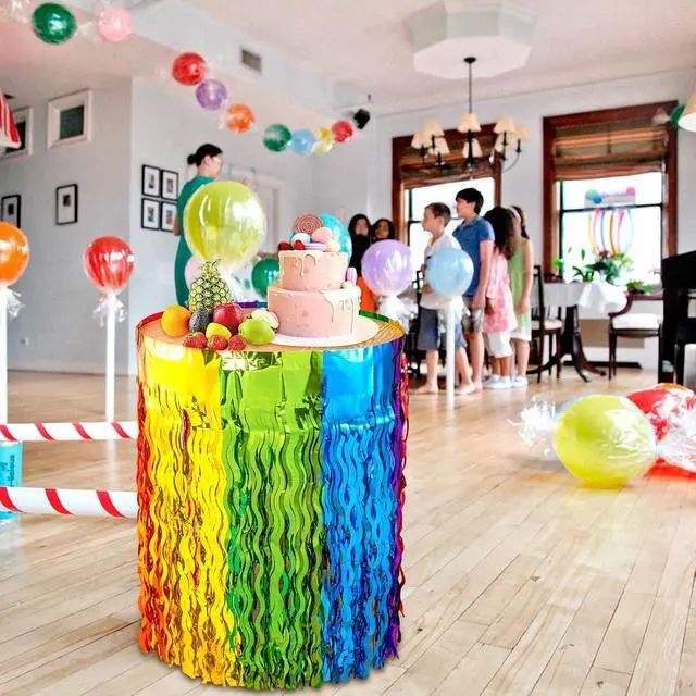 Alt view image 6 of 7 - 2 Pack Wavy Rainbow Table Skirts, Metallic Tinsel Foil Fringe | Rainbow Party Decorations, Birthday Wedding Party Supplies
