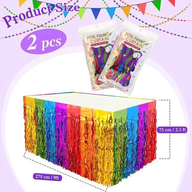 Alt view image 7 of 7 - 2 Pack Wavy Rainbow Table Skirts, Metallic Tinsel Foil Fringe | Rainbow Party Decorations, Birthday Wedding Party Supplies