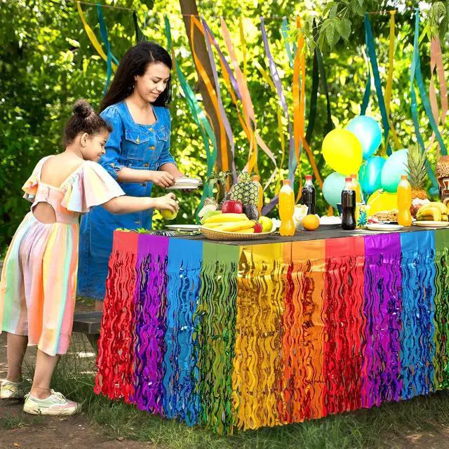 Alt view image 5 of 7 - 2 Pack Wavy Rainbow Table Skirts, Metallic Tinsel Foil Fringe | Rainbow Party Decorations, Birthday Wedding Party Supplies