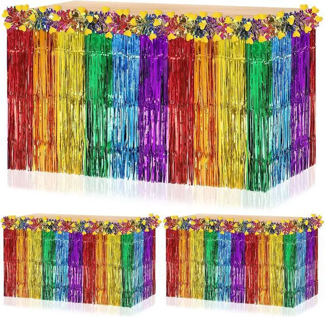 Main image of 4Pcs Pride Rainbow Table Skirt Metallic Foil Fringe Garland Set | Metallic Foil Tinsel, LGBT Pride Month Parade Party, Vibrant Pride Decorations, 4Pc Rainbow Table Skirt Fringe Set