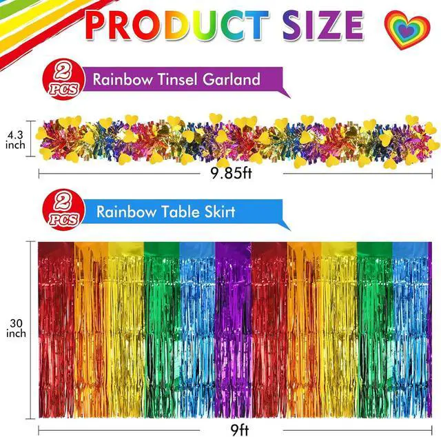 Alt view image 3 of 7 - 4Pcs Pride Rainbow Table Skirt Metallic Foil Fringe Garland Set | Metallic Foil Tinsel, LGBT Pride Month Parade Party, Vibrant Pride Decorations, 4Pc Rainbow Table Skirt Fringe Set