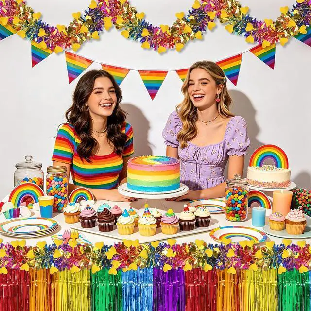 Alt view image 4 of 7 - 4Pcs Pride Rainbow Table Skirt Metallic Foil Fringe Garland Set | Metallic Foil Tinsel, LGBT Pride Month Parade Party, Vibrant Pride Decorations, 4Pc Rainbow Table Skirt Fringe Set