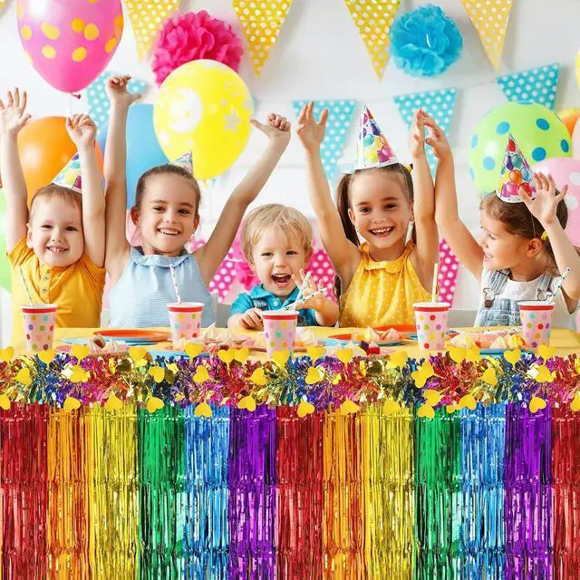 Alt view image 5 of 7 - 4Pcs Pride Rainbow Table Skirt Metallic Foil Fringe Garland Set | Metallic Foil Tinsel, LGBT Pride Month Parade Party, Vibrant Pride Decorations, 4Pc Rainbow Table Skirt Fringe Set