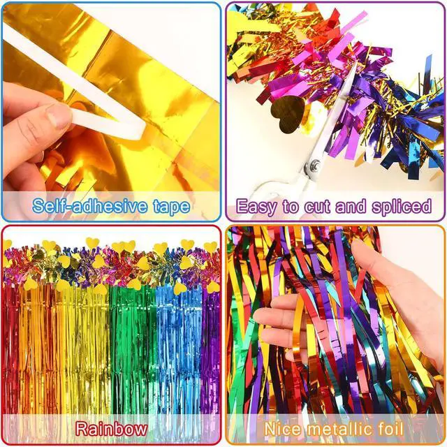 Alt view image 2 of 7 - 4Pcs Pride Rainbow Table Skirt Metallic Foil Fringe Garland Set | Metallic Foil Tinsel, LGBT Pride Month Parade Party, Vibrant Pride Decorations, 4Pc Rainbow Table Skirt Fringe Set