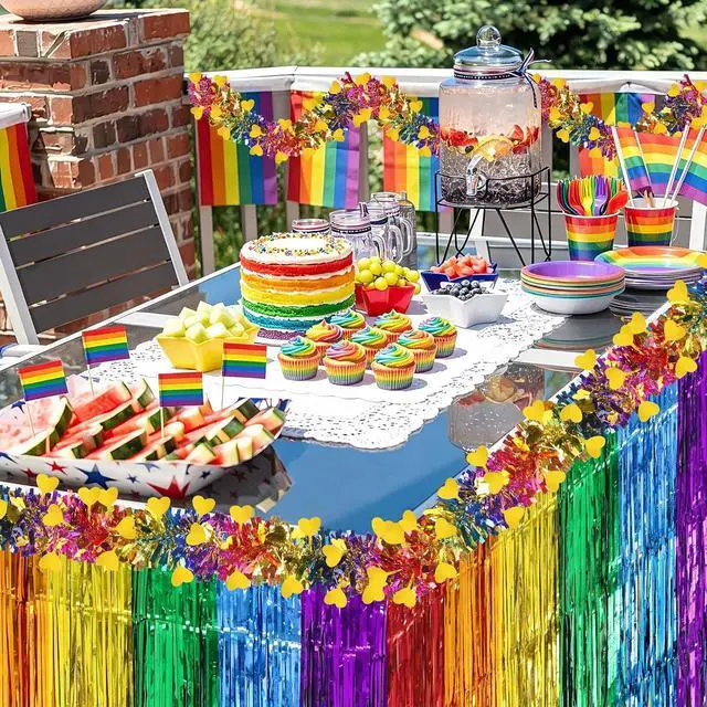 Alt view image 6 of 7 - 4Pcs Pride Rainbow Table Skirt Metallic Foil Fringe Garland Set | Metallic Foil Tinsel, LGBT Pride Month Parade Party, Vibrant Pride Decorations, 4Pc Rainbow Table Skirt Fringe Set