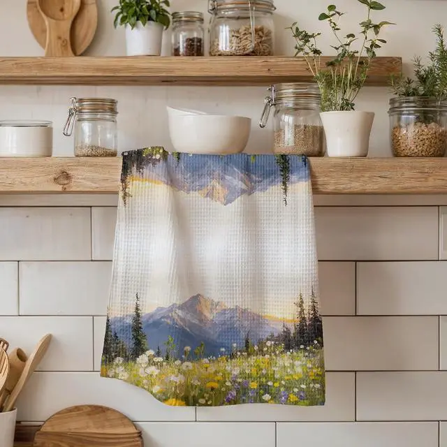 Alt view image 3 of 6 - Flower and Mountain Kitchen Towels,Botanical Wildflower Farmhouse Decor,Vintage Floral Pictures Minimalist Farmhouse Towel for Kitchen Bathroom,Spring Decor,Spring Towel,16x24 Inch
