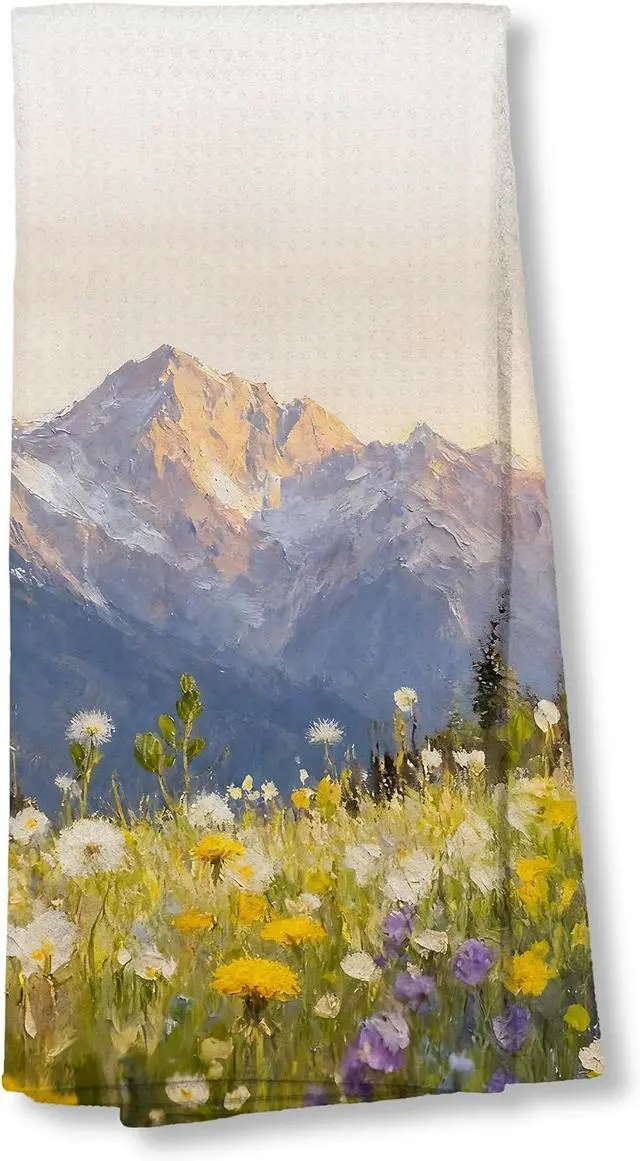 Main image of Flower and Mountain Kitchen Towels,Botanical Wildflower Farmhouse Decor,Vintage Floral Pictures Minimalist Farmhouse Towel for Kitchen Bathroom,Spring Decor,Spring Towel,16x24 Inch