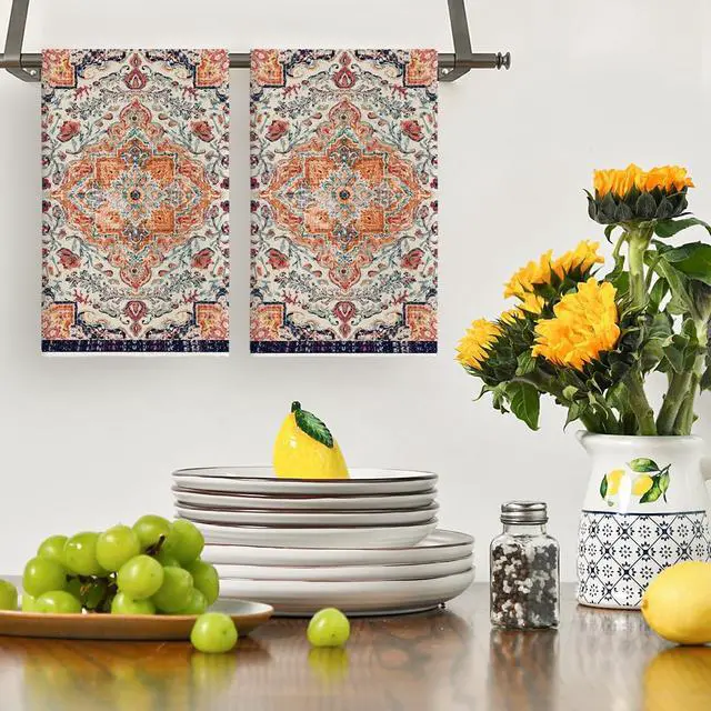 Alt view image 2 of 6 - Artoid Mode Orange Flowers Bohemia Boho Kitchen Towels Dish Towels, 18x26 Inch Daily Seasonal Decoration Hand Towels Set of 2