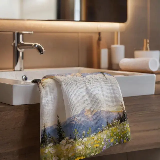Alt view image 5 of 6 - Flower and Mountain Kitchen Towels,Botanical Wildflower Farmhouse Decor,Vintage Floral Pictures Minimalist Farmhouse Towel for Kitchen Bathroom,Spring Decor,Spring Towel,16x24 Inch