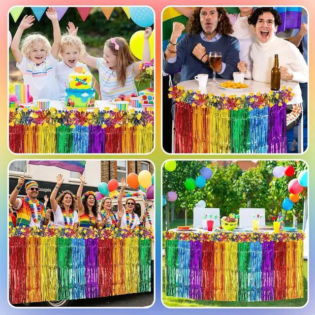 Alt view image 7 of 7 - 4Pcs Pride Rainbow Table Skirt Metallic Foil Fringe Garland Set | Metallic Foil Tinsel, LGBT Pride Month Parade Party, Vibrant Pride Decorations, 4Pc Rainbow Table Skirt Fringe Set