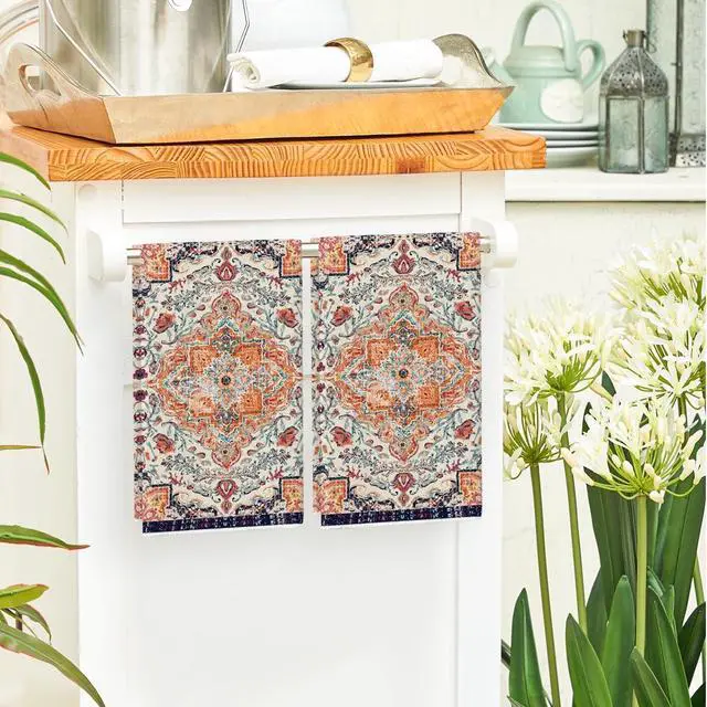 Alt view image 4 of 6 - Artoid Mode Orange Flowers Bohemia Boho Kitchen Towels Dish Towels, 18x26 Inch Daily Seasonal Decoration Hand Towels Set of 2