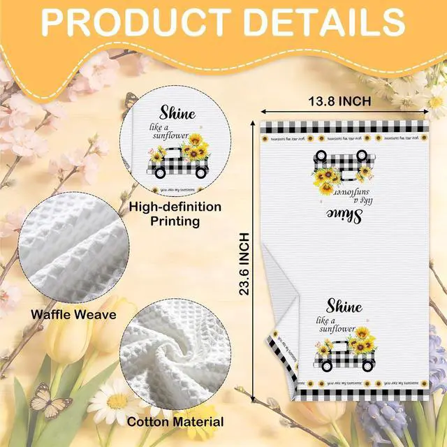 Alt view image 2 of 6 - Sunflower Kitchen Towels, Black White Buffalo Plaid Gifts For Women, 10 | Decorative Retro Floral Tea Hand Towel For Bathroom, Pretty Flower Housewarming Gifts For Holiday Thanksgiving Christmas
