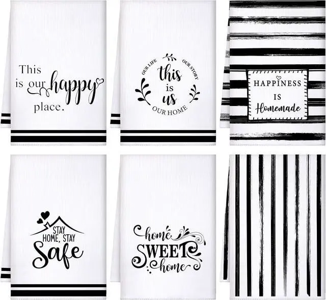Main image of Geyoga 6 Pcs Spring Floral Kitchen Towels Flamingo Dish Hand Towels Sunflower Daisy Flower Wildflower Tea Cloths for Spring Easter Kitchen Bathroom Decor, 16 x 24 Inch(Black,Stripe)