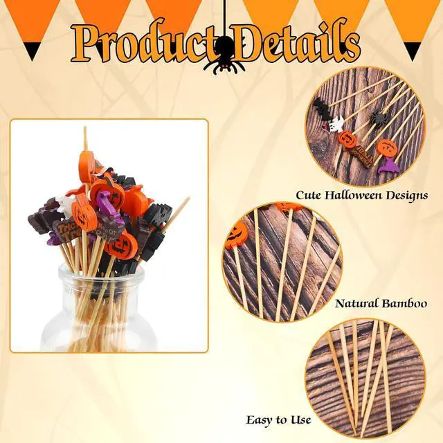 Alt view image 3 of 7 - FOIMAS 140pcs Halloween Cocktail Picks,Pumpkin Spider Ghost Bamboo Toothpicks Sticks for Appetizers Fruit Food Cake Halloween Party Decoration Supply