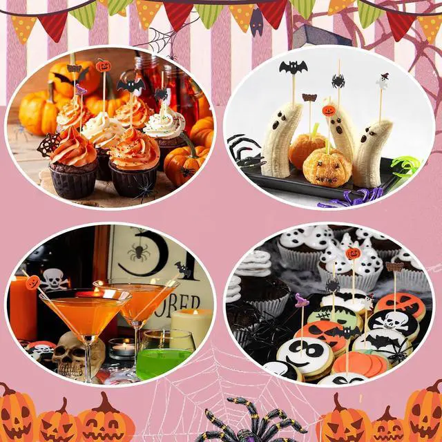 Alt view image 6 of 7 - FOIMAS 140pcs Halloween Cocktail Picks,Pumpkin Spider Ghost Bamboo Toothpicks Sticks for Appetizers Fruit Food Cake Halloween Party Decoration Supply