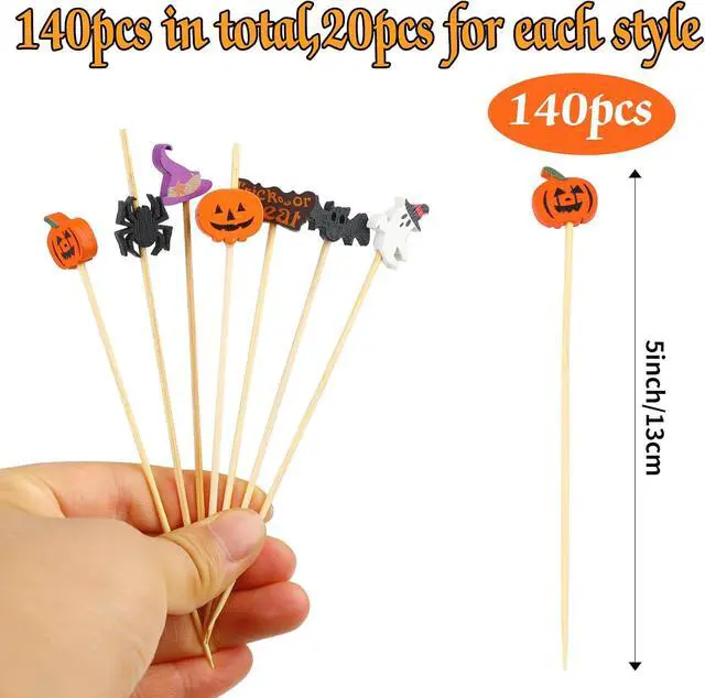 Alt view image 2 of 7 - FOIMAS 140pcs Halloween Cocktail Picks,Pumpkin Spider Ghost Bamboo Toothpicks Sticks for Appetizers Fruit Food Cake Halloween Party Decoration Supply
