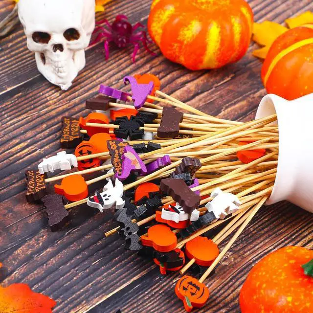 Alt view image 4 of 7 - FOIMAS 140pcs Halloween Cocktail Picks,Pumpkin Spider Ghost Bamboo Toothpicks Sticks for Appetizers Fruit Food Cake Halloween Party Decoration Supply