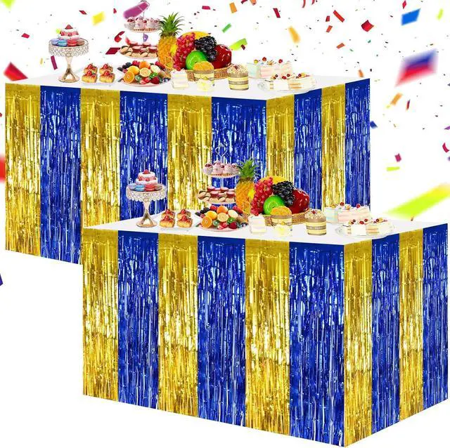 Main image of BEISHIDA 2 Pack Blue Gold Table Skirts Party Decorations Metallic Tinsel Foil Fringe Table Skirts for Birthday Retirement Anniversary Graduation Congrats 2026 Party