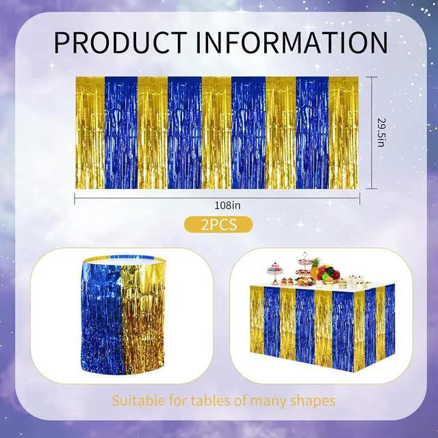 Alt view image 2 of 6 - BEISHIDA 2 Pack Blue Gold Table Skirts Party Decorations Metallic Tinsel Foil Fringe Table Skirts for Birthday Retirement Anniversary Graduation Congrats 2026 Party