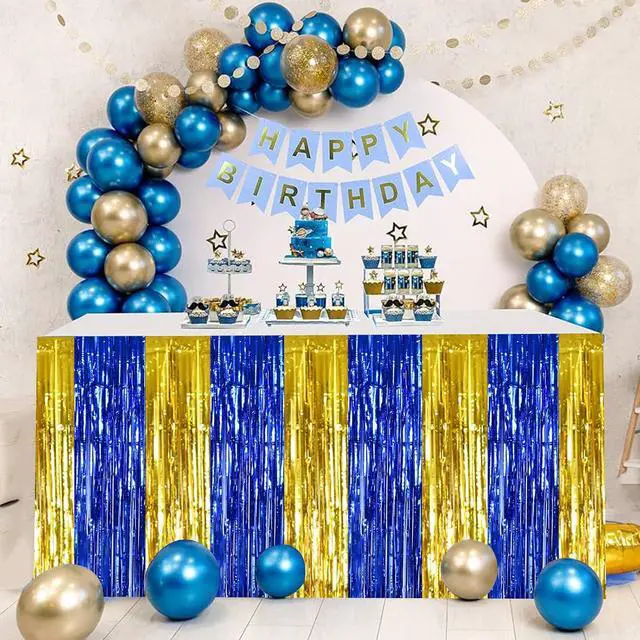 Alt view image 4 of 6 - BEISHIDA 2 Pack Blue Gold Table Skirts Party Decorations Metallic Tinsel Foil Fringe Table Skirts for Birthday Retirement Anniversary Graduation Congrats 2026 Party
