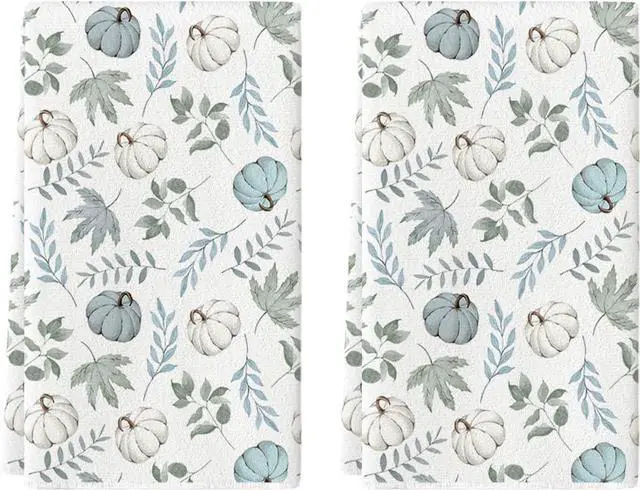 Main image of Artoid Mode Blue Leaves Fall Kitchen Towels Set of 2 18x26 Inch | Thanksgiving Autumn Eucalyptus Pumpkin Hand & Dish Towels,Ultra Absorbent,Seasonal Farmhouse Decoration