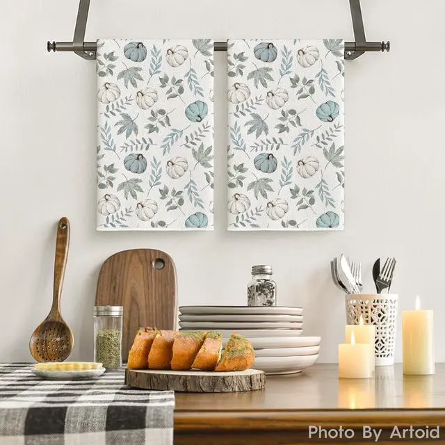 Alt view image 2 of 6 - Artoid Mode Blue Leaves Fall Kitchen Towels Set of 2 18x26 Inch | Thanksgiving Autumn Eucalyptus Pumpkin Hand & Dish Towels,Ultra Absorbent,Seasonal Farmhouse Decoration