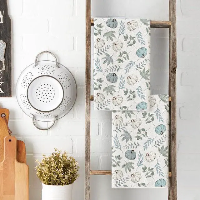 Alt view image 3 of 6 - Artoid Mode Blue Leaves Fall Kitchen Towels Set of 2 18x26 Inch | Thanksgiving Autumn Eucalyptus Pumpkin Hand & Dish Towels,Ultra Absorbent,Seasonal Farmhouse Decoration
