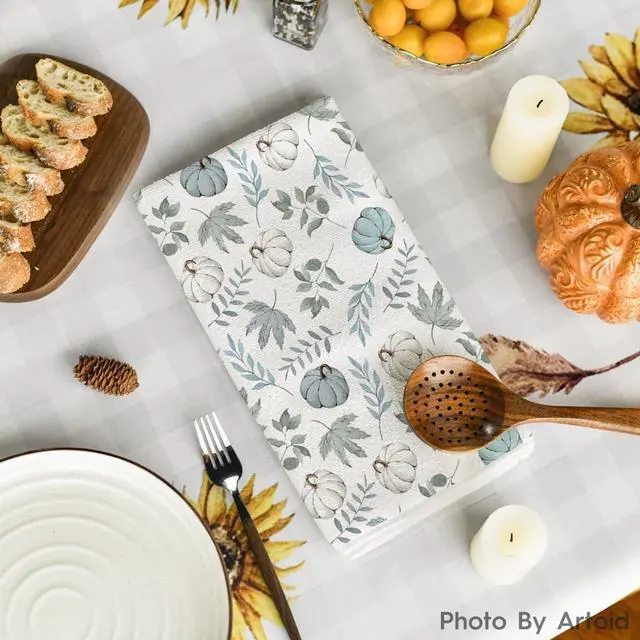 Alt view image 4 of 6 - Artoid Mode Blue Leaves Fall Kitchen Towels Set of 2 18x26 Inch | Thanksgiving Autumn Eucalyptus Pumpkin Hand & Dish Towels,Ultra Absorbent,Seasonal Farmhouse Decoration