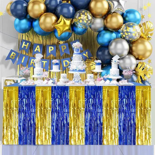 Alt view image 5 of 6 - BEISHIDA 2 Pack Blue Gold Table Skirts Party Decorations Metallic Tinsel Foil Fringe Table Skirts for Birthday Retirement Anniversary Graduation Congrats 2026 Party