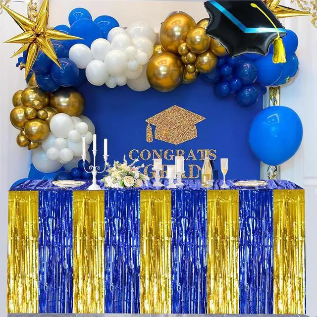 Alt view image 6 of 6 - BEISHIDA 2 Pack Blue Gold Table Skirts Party Decorations Metallic Tinsel Foil Fringe Table Skirts for Birthday Retirement Anniversary Graduation Congrats 2026 Party