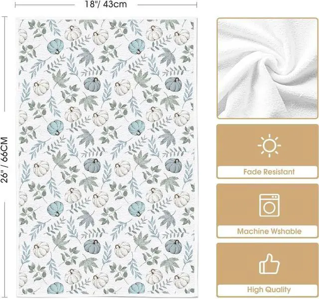 Alt view image 6 of 6 - Artoid Mode Blue Leaves Fall Kitchen Towels Set of 2 18x26 Inch | Thanksgiving Autumn Eucalyptus Pumpkin Hand & Dish Towels,Ultra Absorbent,Seasonal Farmhouse Decoration