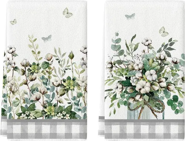 Main image of Artoid Mode Buffalo Plaid Butterfly Vase Spring Kitchen Towels Dish Towels, 18x26 Inch Farmhouse Summer Decoration Cleaning Set of 2