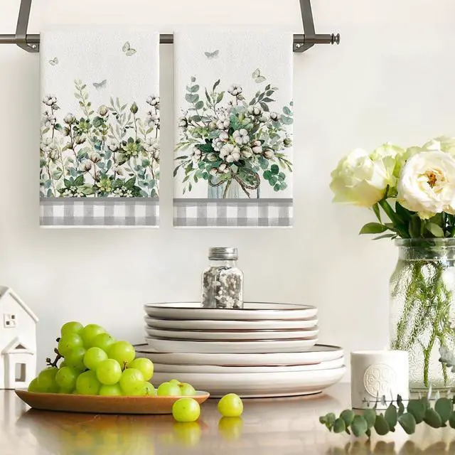 Alt view image 2 of 6 - Artoid Mode Buffalo Plaid Butterfly Vase Spring Kitchen Towels Dish Towels, 18x26 Inch Farmhouse Summer Decoration Cleaning Set of 2