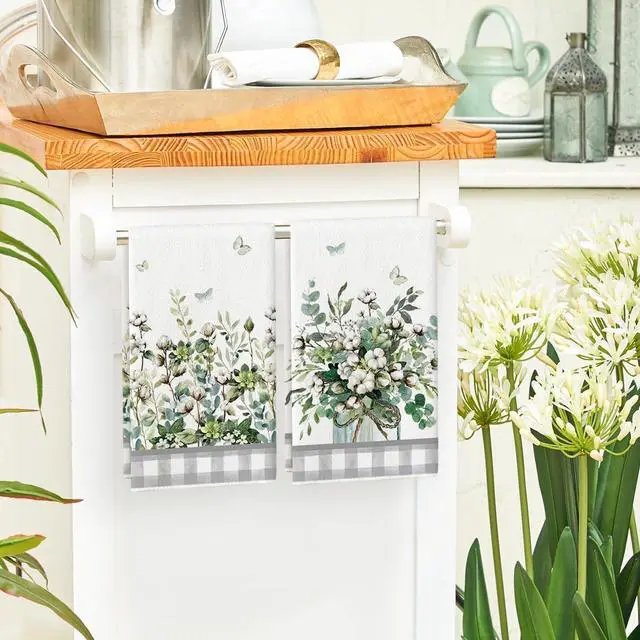 Alt view image 4 of 6 - Artoid Mode Buffalo Plaid Butterfly Vase Spring Kitchen Towels Dish Towels, 18x26 Inch Farmhouse Summer Decoration Cleaning Set of 2