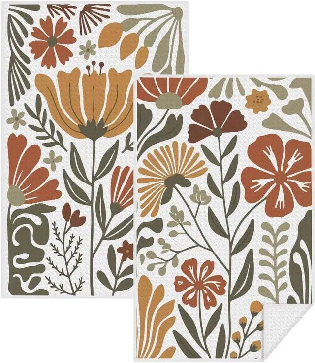 Main image of 2 Pcs Boho Floral Kitchen Towels, Boho Vintage Flower Waffle Hand Towels | Absorbent Microfiber Dish Cloth Tea Towel for Kitchen Home Decor, Home Gifts for Women Mom Grandma 24x14 Inch