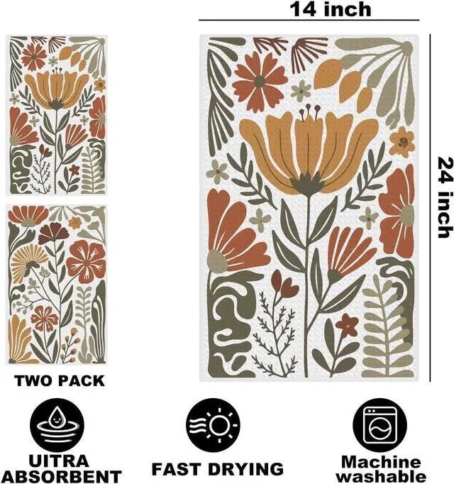 Alt view image 2 of 6 - 2 Pcs Boho Floral Kitchen Towels, Boho Vintage Flower Waffle Hand Towels | Absorbent Microfiber Dish Cloth Tea Towel for Kitchen Home Decor, Home Gifts for Women Mom Grandma 24x14 Inch