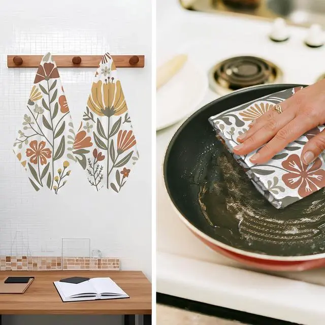 Alt view image 5 of 6 - 2 Pcs Boho Floral Kitchen Towels, Boho Vintage Flower Waffle Hand Towels | Absorbent Microfiber Dish Cloth Tea Towel for Kitchen Home Decor, Home Gifts for Women Mom Grandma 24x14 Inch