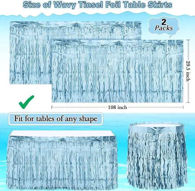Alt view image 2 of 7 - Teenyyou 2 Pack Shiny Wavy Tinsel Foil Fringe Table Skirts Table Decorations for Mermaid Birthday Decorations, Summer Beach Theme, Ocean Tropical Shark Luau Birthday Party Decor(Light Blue)