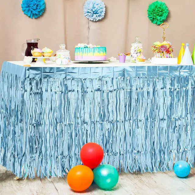 Alt view image 4 of 7 - Teenyyou 2 Pack Shiny Wavy Tinsel Foil Fringe Table Skirts Table Decorations for Mermaid Birthday Decorations, Summer Beach Theme, Ocean Tropical Shark Luau Birthday Party Decor(Light Blue)