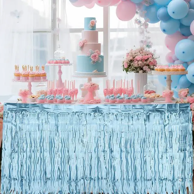 Alt view image 5 of 7 - Teenyyou 2 Pack Shiny Wavy Tinsel Foil Fringe Table Skirts Table Decorations for Mermaid Birthday Decorations, Summer Beach Theme, Ocean Tropical Shark Luau Birthday Party Decor(Light Blue)